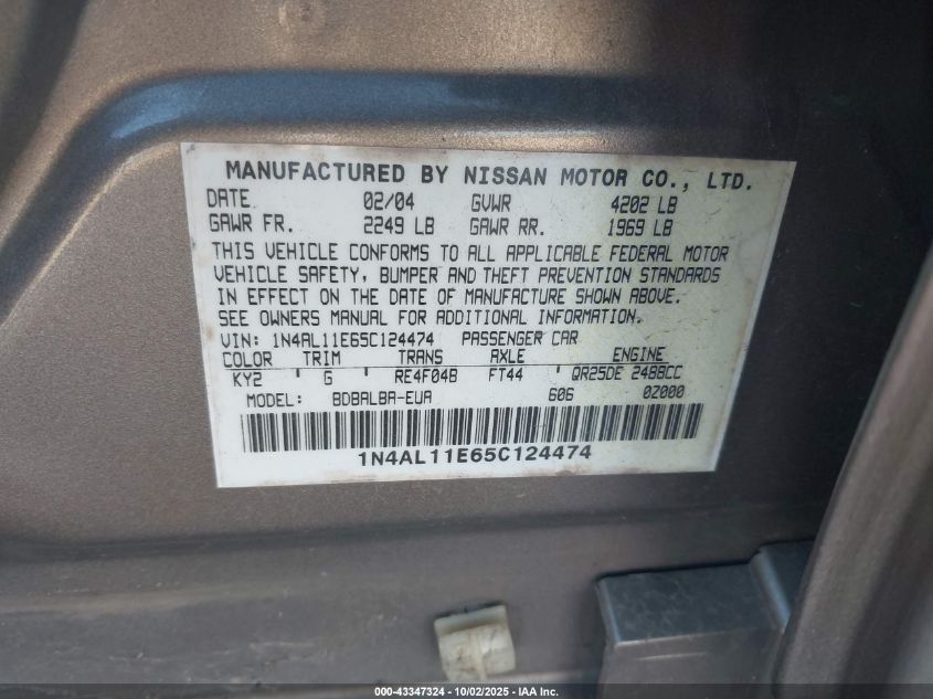 2005 Nissan Altima 2.5 S VIN: 1N4AL11E65C124474 Lot: 43347324