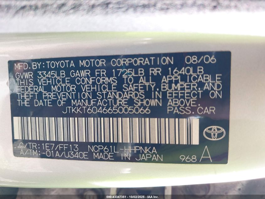 2006 Scion Xa VIN: JTKKT604665005066 Lot: 43347351