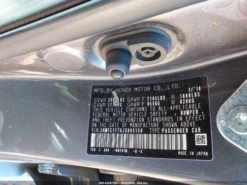 2018 Honda Civic Ex-L VIN: JHMFC1F76JX003150 Lot: 43347353