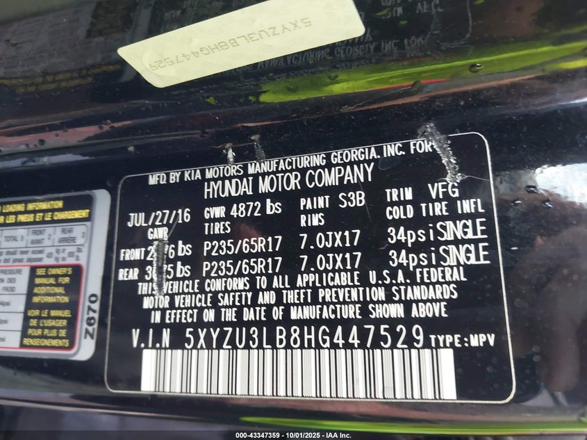 2017 HYUNDAI SANTA FE SPORT 2.4L 5XYZU3LB8HG447529