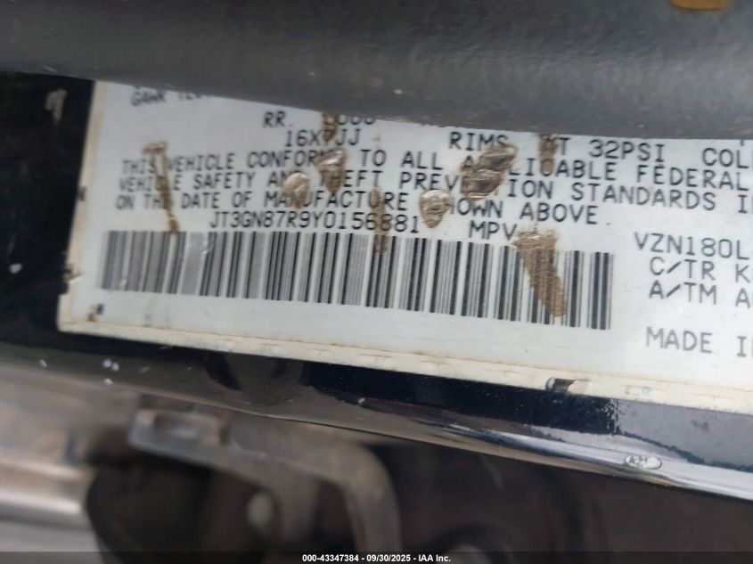 2000 Toyota 4Runner Limited V6 VIN: JT3GN87R9Y0156881 Lot: 43347384