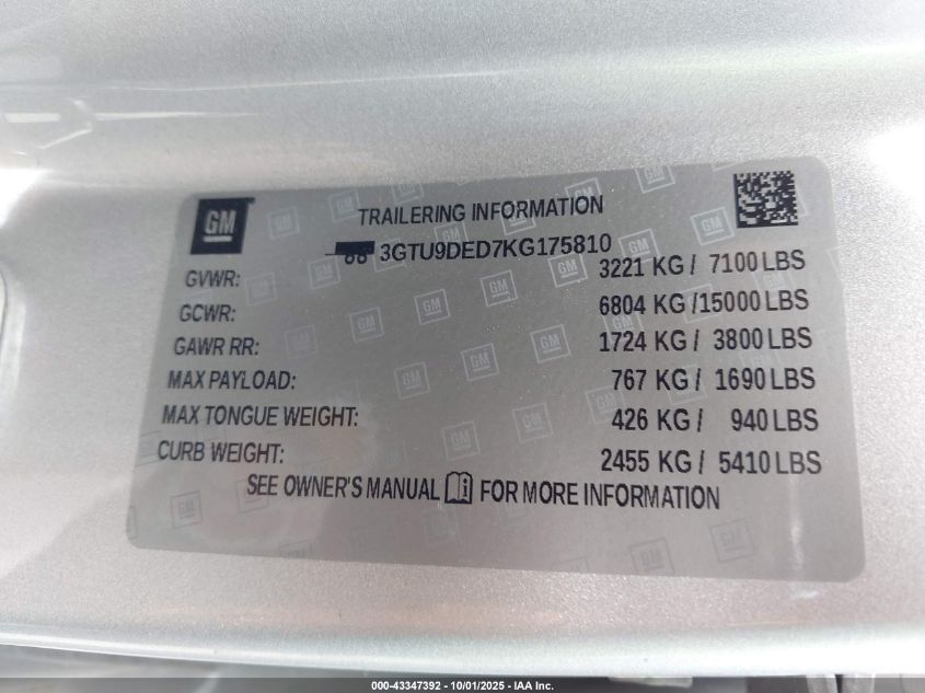 2019 GMC Sierra 1500 Slt VIN: 3GTU9DED7KG175810 Lot: 43347392