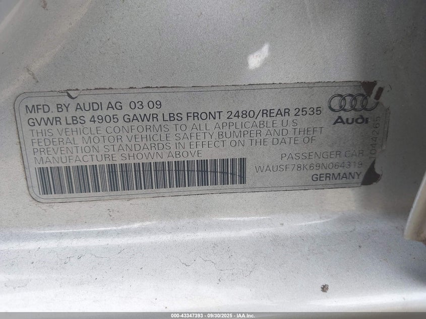 2009 Audi A4 2.0T Premium VIN: WAUSF78K69N064319 Lot: 43347393