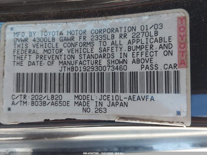 2003 Lexus Is 300 VIN: JTHBD192930073460 Lot: 43347396