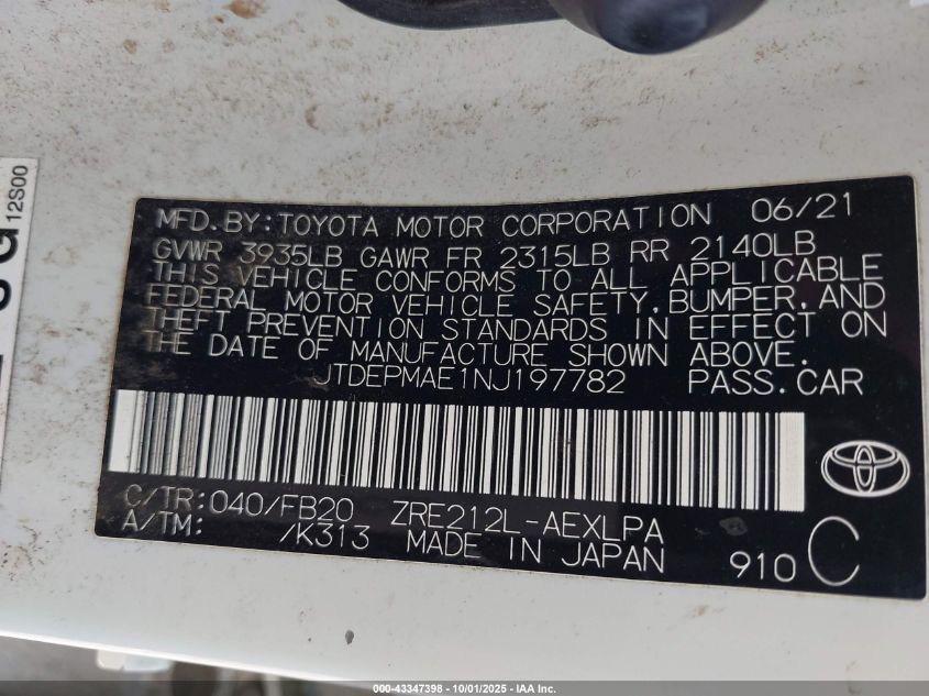 2022 Toyota Corolla Le VIN: JTDEPMAE1NJ197782 Lot: 43347398