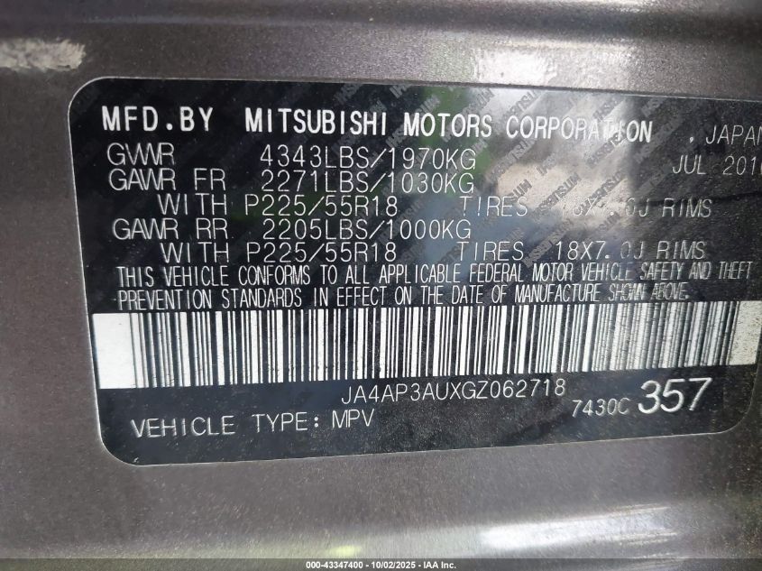 2016 Mitsubishi Outlander Sport 2.0 Es VIN: JA4AP3AUXGZ062718 Lot: 43347400