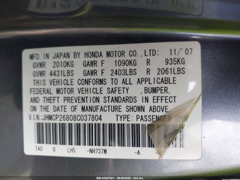 2008 Honda Accord 2.4 Ex-L VIN: JHMCP26808C037804 Lot: 43347401