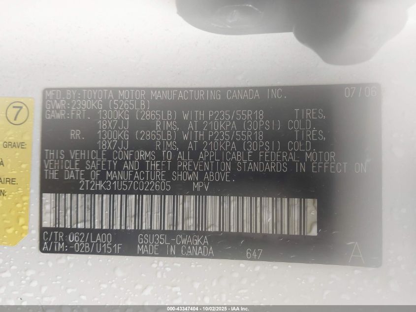 2007 Lexus Rx 350 VIN: 2T2HK31U57C022605 Lot: 43347404