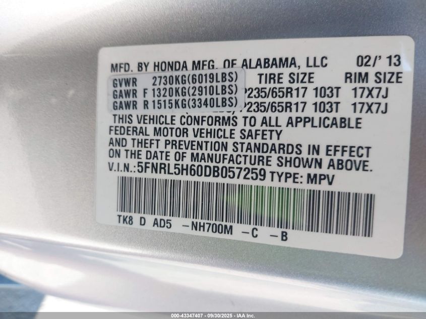 2013 Honda Odyssey Ex-L VIN: 5FNRL5H60DB057259 Lot: 43347407