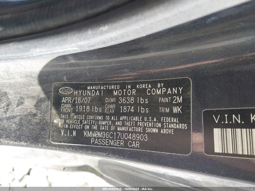 2007 Hyundai Accent Gs VIN: KMHCM36C17U048903 Lot: 43347415