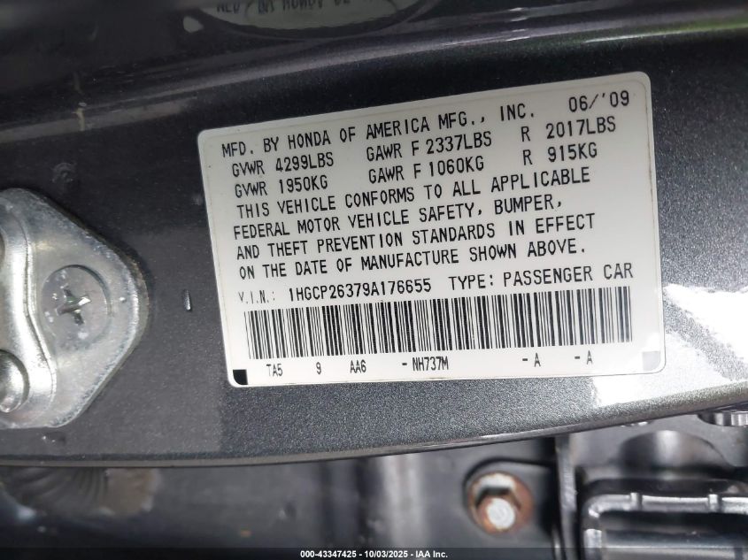 2009 Honda Accord 2.4 Lx VIN: 1HGCP26379A176655 Lot: 43347425