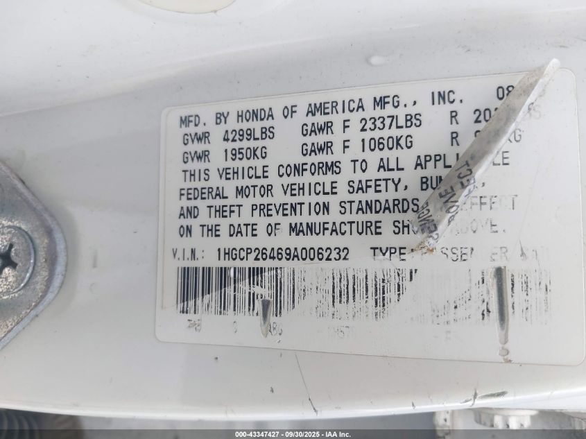 2009 Honda Accord 2.4 Lx-P VIN: 1HGCP26469A006232 Lot: 43347427