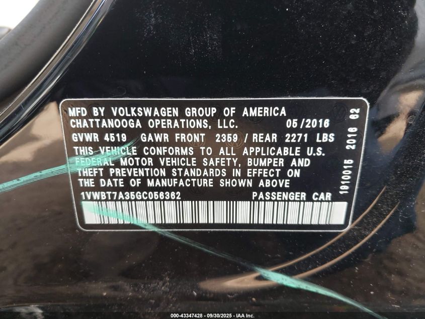 2016 Volkswagen Passat 1.8T Se VIN: 1VWBT7A35GC056362 Lot: 43347428
