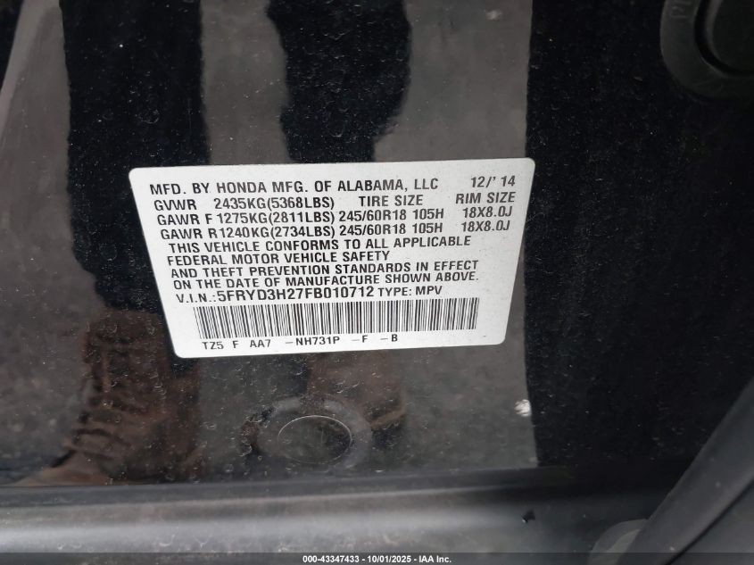 2015 Acura Mdx VIN: 5FRYD3H27FB010712 Lot: 43347433