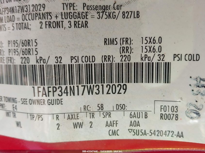 2007 Ford Focus S/Se/Ses VIN: 1FAFP34N17W312029 Lot: 43347446