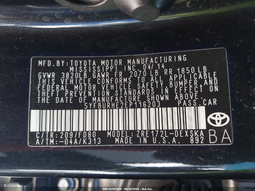 2014 Toyota Corolla S Plus VIN: 5YFBURHE2EP116203 Lot: 43347455