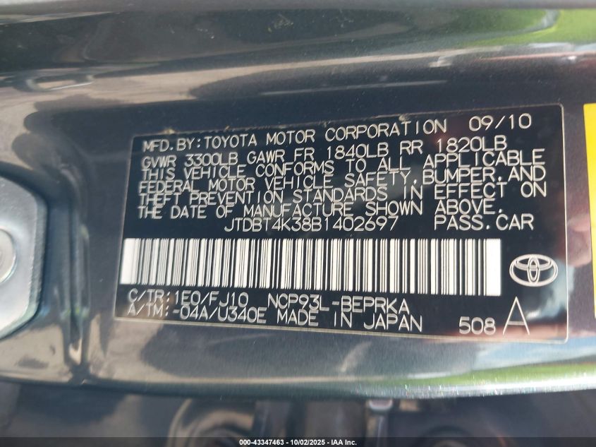 2011 Toyota Yaris VIN: JTDBT4K38B1402697 Lot: 43347463