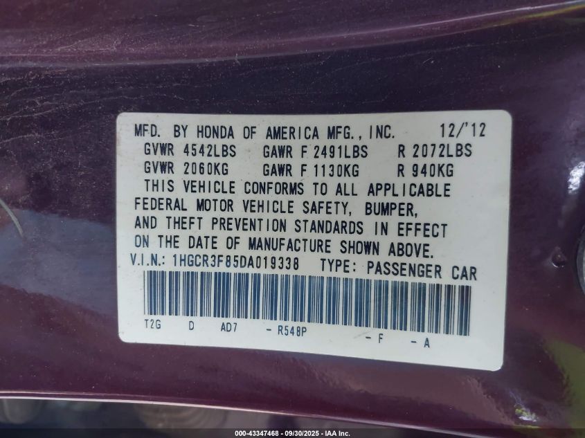 2013 Honda Accord Ex-L V-6 VIN: 1HGCR3F85DA019338 Lot: 43347468