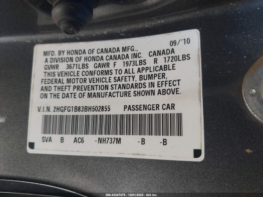 2011 Honda Civic Ex VIN: 2HGFG1B83BH502855 Lot: 43347475