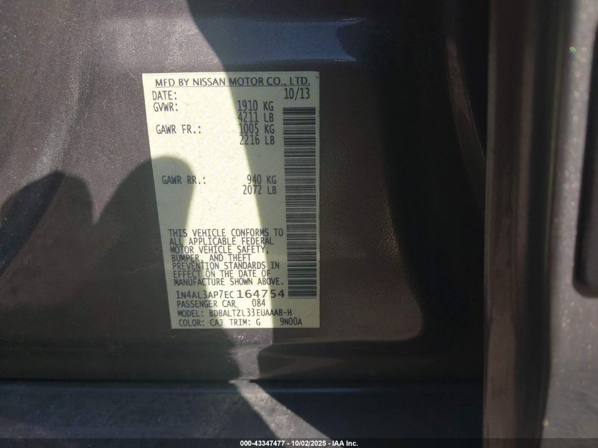 2014 Nissan Altima 2.5 Sv VIN: 1N4AL3AP7EC164754 Lot: 43347477