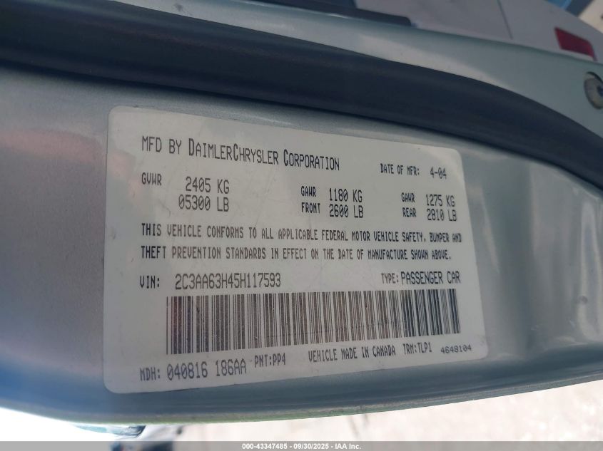 2005 Chrysler 300C VIN: 2C3AA63H45H117593 Lot: 43347485