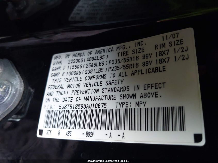 2008 Acura Rdx VIN: 5J8TB18598A010675 Lot: 43347488