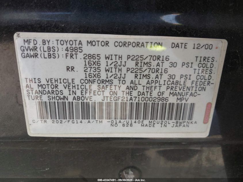 2001 Toyota Highlander V6 VIN: JTEGF21A710002986 Lot: 43347491
