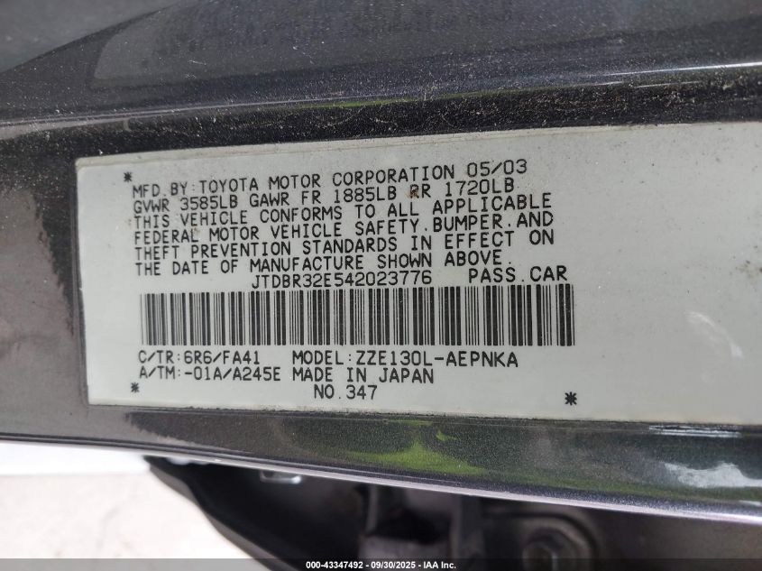 2004 Toyota Corolla Le VIN: JTDBR32E542023776 Lot: 43347492