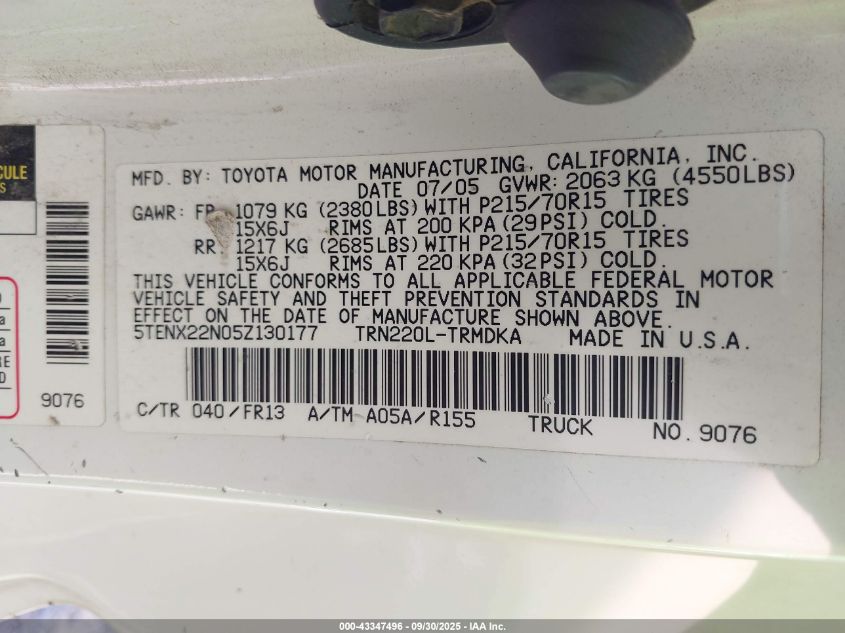 2005 Toyota Tacoma VIN: 5TENX22N05Z130177 Lot: 43347496