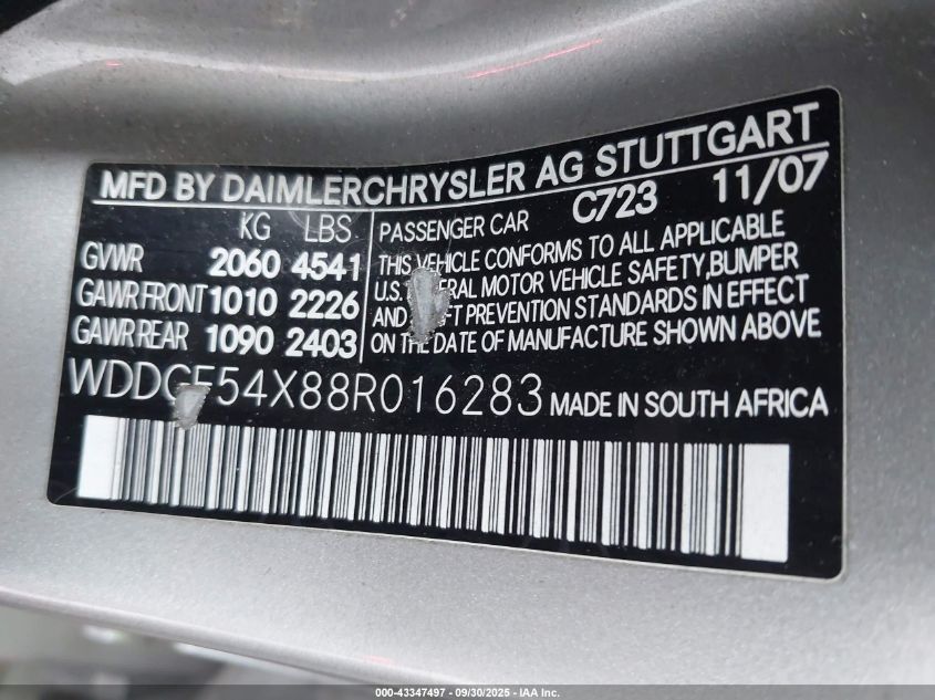 2008 Mercedes-Benz C 300 Luxury/Sport VIN: WDDGF54X88R016283 Lot: 43347497