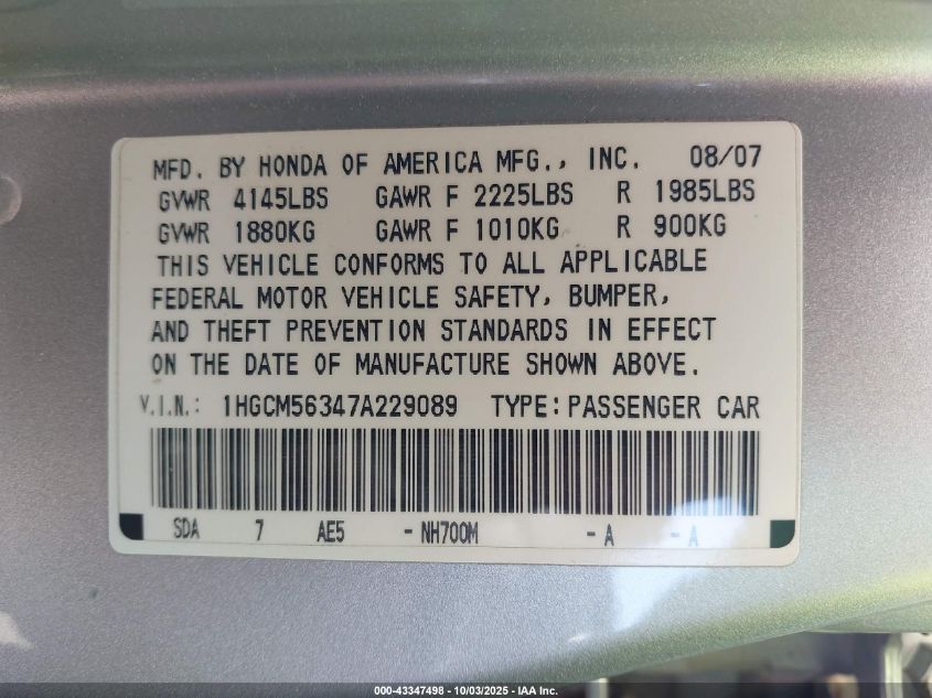 2007 Honda Accord 2.4 Se VIN: 1HGCM56347A229089 Lot: 43347498