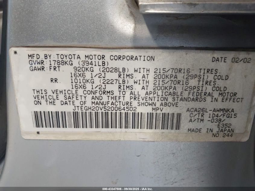 2002 Toyota Rav4 VIN: JTEGH20V520064502 Lot: 43347506