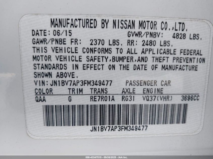 2015 Infiniti Q50 VIN: JN1BV7AP3FM349477 Lot: 43347519