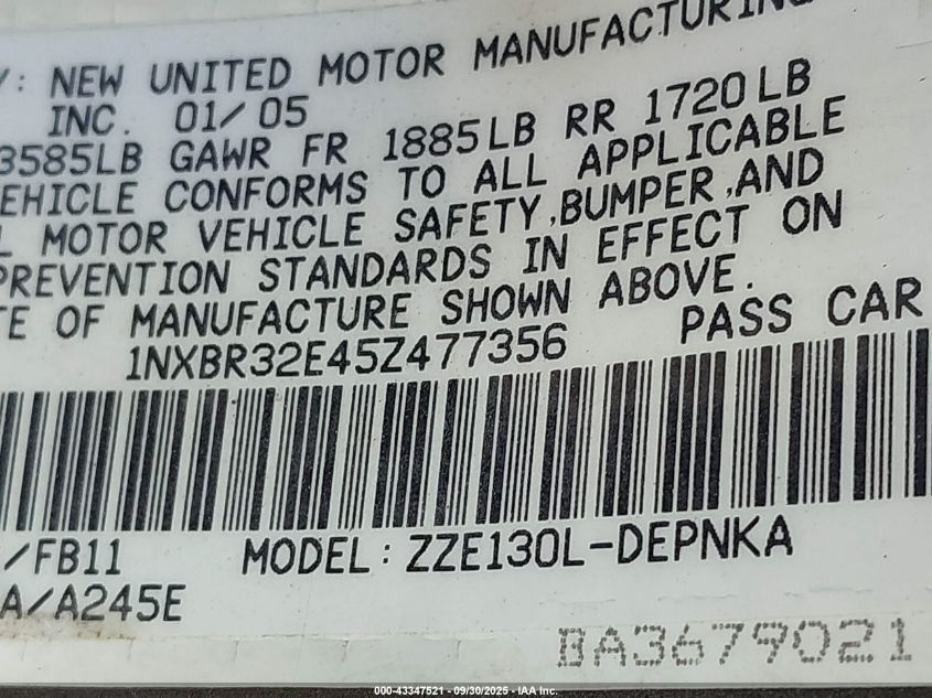 2005 Toyota Corolla Le VIN: 1NXBR32E45Z477356 Lot: 43347521