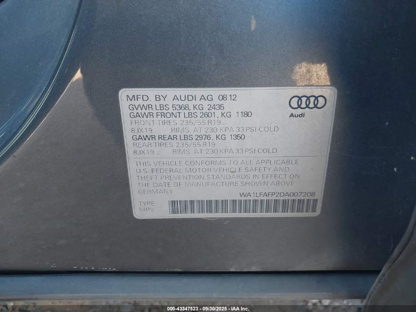 2013 Audi Q5 2.0T Premium VIN: WA1LFAFP2DA007208 Lot: 43347523