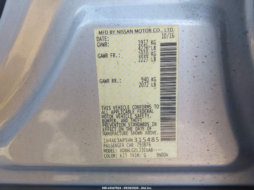 2017 Nissan Altima 2.5/2.5 S/2.5 Sl/2.5 Sr/2.5 Sv VIN: 1N4AL3AP5HN315485 Lot: 43347524