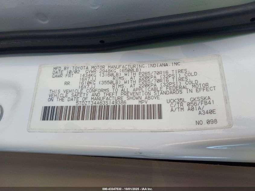 2003 Toyota Sequoia Sr5 V8 VIN: 5TDZT34A63S149386 Lot: 43347530