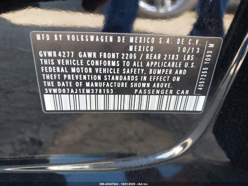 2014 Volkswagen Jetta 1.8T Se VIN: 3VWD07AJ1EM378153 Lot: 43347542