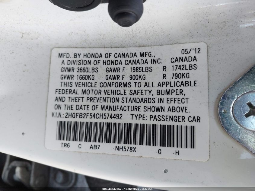 2012 Honda Civic Lx VIN: 2HGFB2F54CH574492 Lot: 43347557