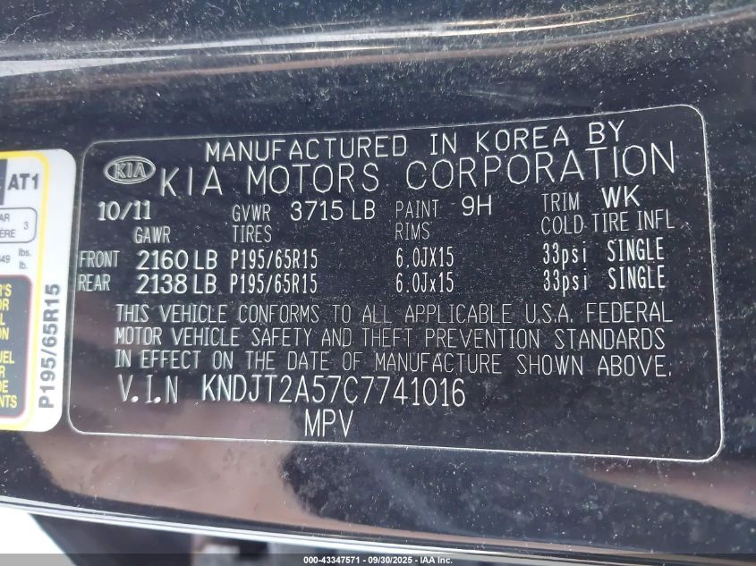 2012 Kia Soul VIN: KNDJT2A57C7741016 Lot: 43347571