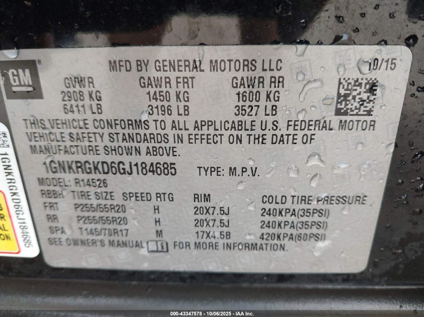 2016 Chevrolet Traverse 1Lt VIN: 1GNKRGKD6GJ184685 Lot: 43347578