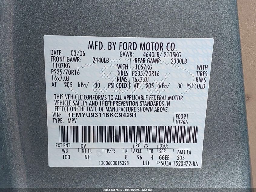 2006 Ford Escape Xlt/Xlt Sport VIN: 1FMYU93116KC94291 Lot: 43347585