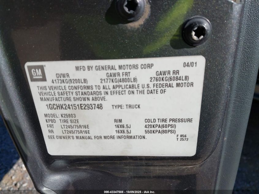 2001 Chevrolet Silverado 2500Hd Ls VIN: 1GCHK24151E293748 Lot: 43347588