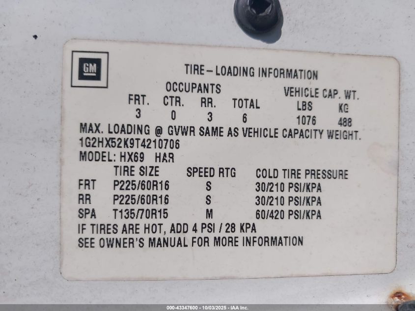 1996 Pontiac Bonneville Se VIN: 1G2HX52K9T4210706 Lot: 43347600