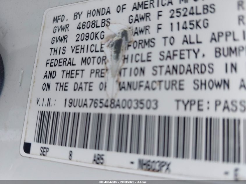 2008 Acura Tl Type S VIN: 19UUA76548A003503 Lot: 43347602