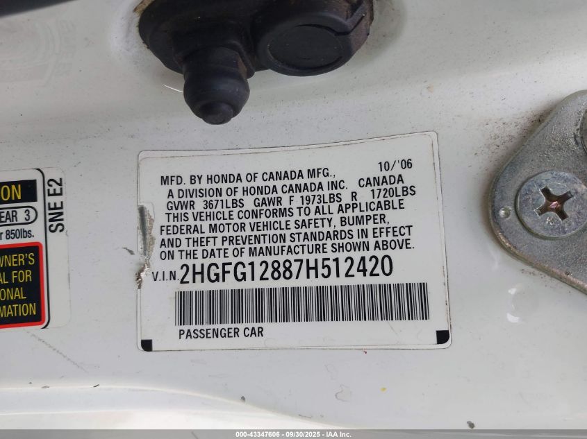 2007 Honda Civic Ex VIN: 2HGFG12887H512420 Lot: 43347606