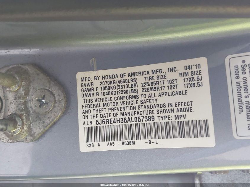 2010 Honda Cr-V Lx VIN: 5J6RE4H36AL057389 Lot: 43347608