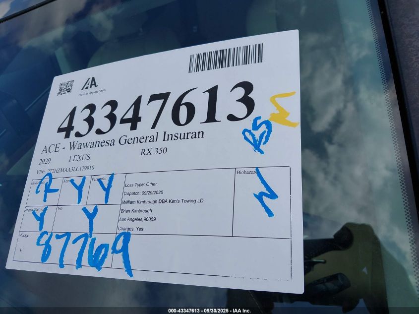 2020 Lexus Rx 350 VIN: 2T2HZMAA3LC179910 Lot: 43347613