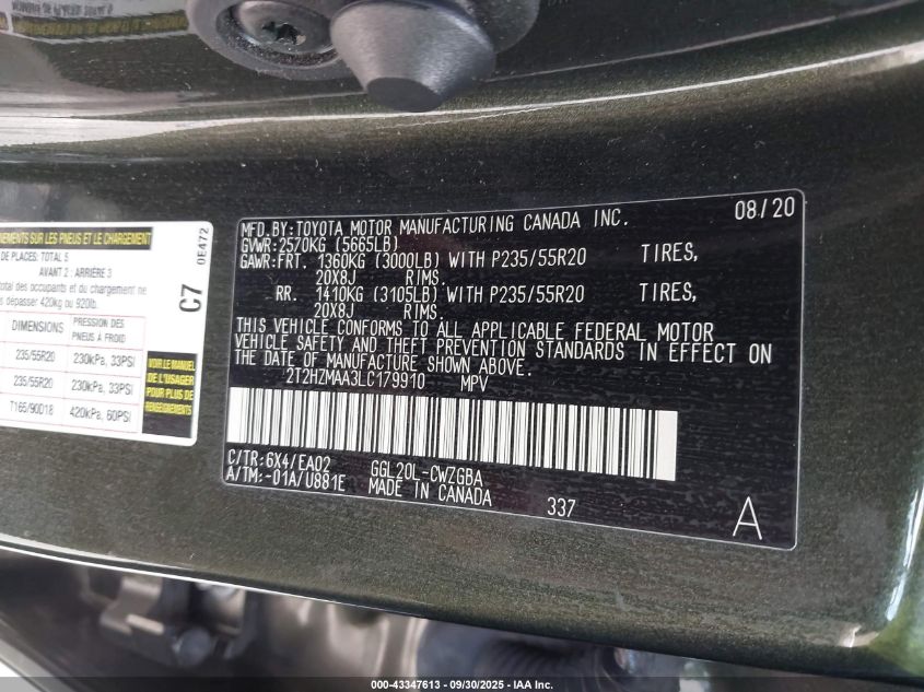 2020 Lexus Rx 350 VIN: 2T2HZMAA3LC179910 Lot: 43347613