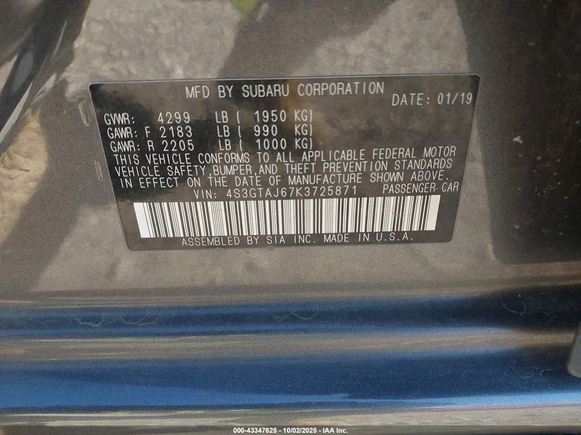 2019 SUBARU IMPREZA 2.0I SPORT - 4S3GTAJ67K3725871